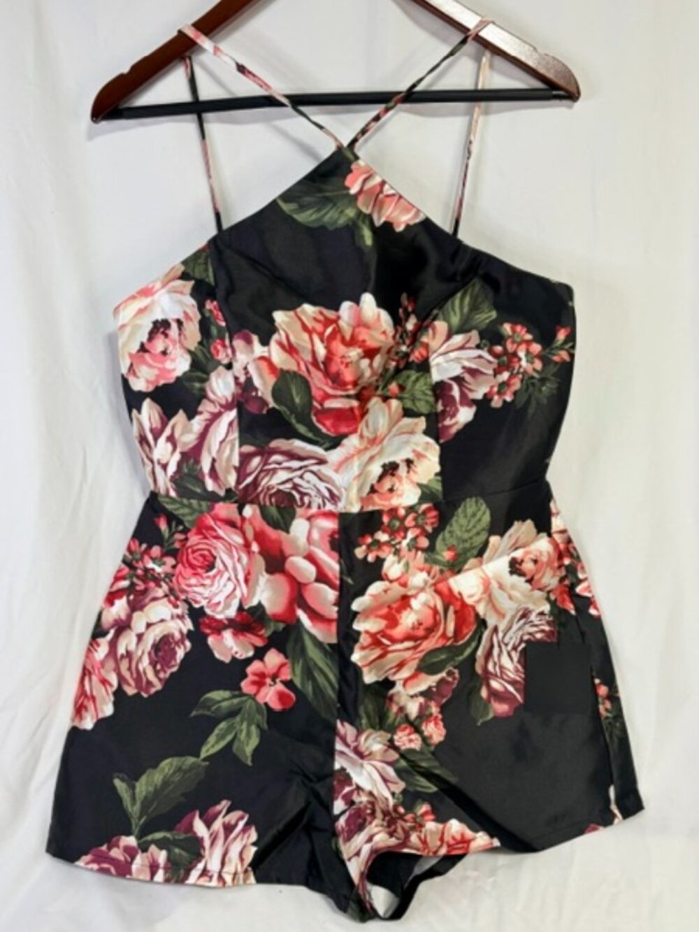 NWT Lulus Black Floral Print Satin Halter Romper (Size Large)